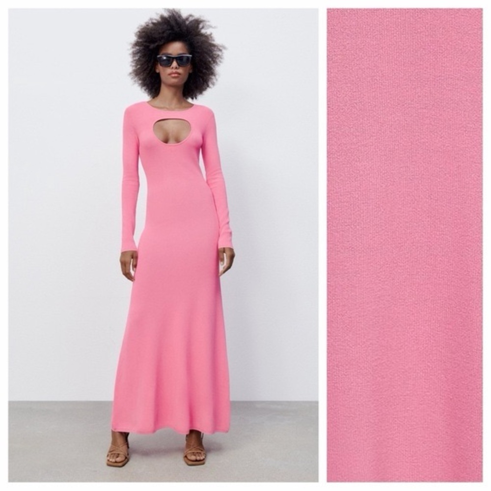 Zara Knit Long Sleeve Pink Cutout Maxi Dress